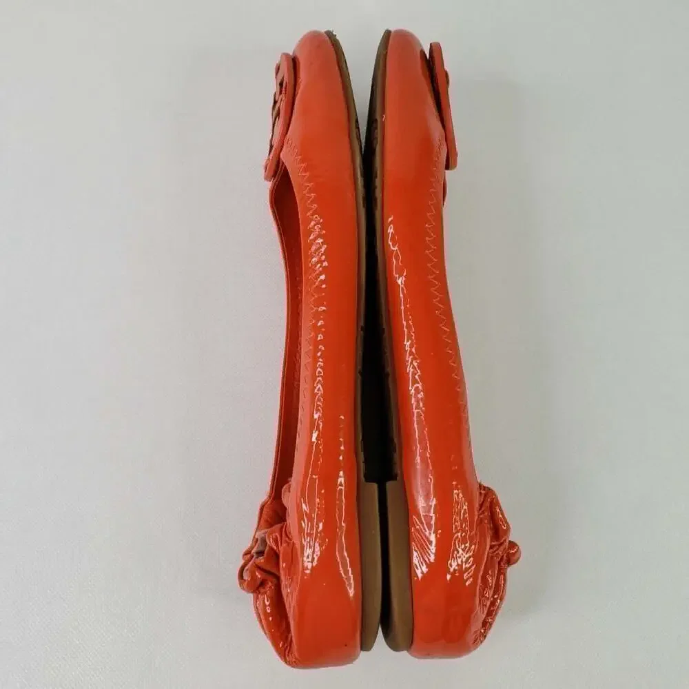 Tory Burch Reva Patent Leather Logo Ballet Flats Orange Ref Women’s Size 8.5